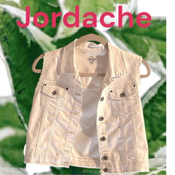 💥 JORDACHE YOUNG TEENS WHITE DENIM FRAYED VEST SIZE:14/16 W POCKETS & SNAPS NWOT - Picture 1 of 9